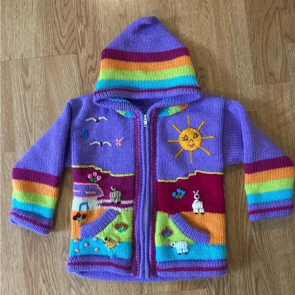 Colorful Knit Children's Hooded Sweater Peruvian Style - Picture 5 of 7
